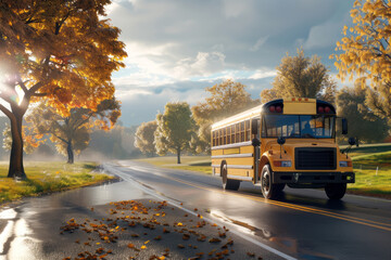 Yellow school bus driving on an empty city road in autumn time
