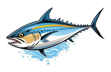 Illustration of a cartoon blue tuna fish, leaping with water splashes
