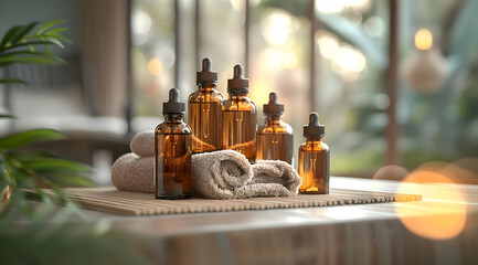 Dark Glass Essential Oil Bottles with Droppers on Relaxing Background