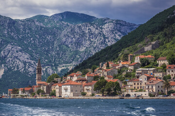 Fototapeta na wymiar Shore of Perast old town, Bay of Kotor, Montenegro