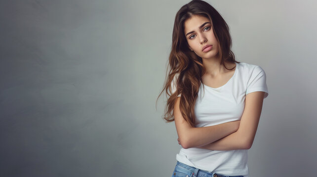 Brunette girl on grey background in white t-shirt with long hair. premenstrual syndrome