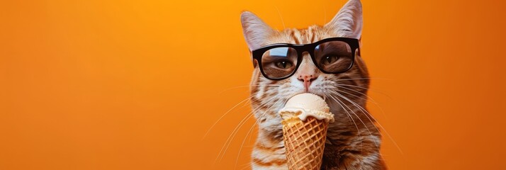 Closeup of cat with sunglasses, eating ice cream in cone, isolated on orange background.	 - obrazy, fototapety, plakaty