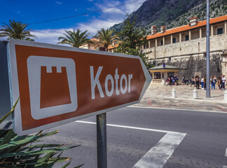 Sign pointing Sea Gate in Old Town of Kotor coastal town, Montenegro