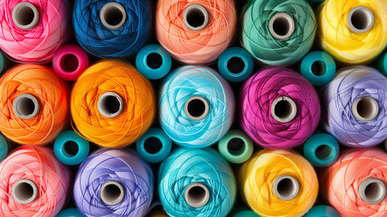 skeins of bright threads top view, background
