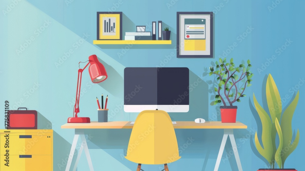 Aufkleber modern desk setup with computer and potted plant
