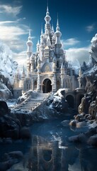Magic fantasy castle in a snowy landscape. Fantasy world. 3D rendering