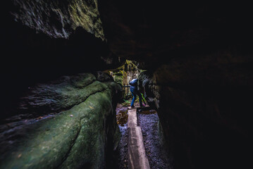 Bledne Skaly rock maze - tourist route in Table Mountains, Poland - obrazy, fototapety, plakaty