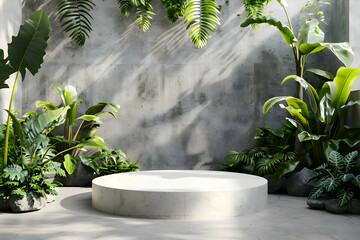 A stone podium in a tropical forest interior with green leaves. High quality
