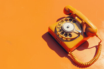 Classic orange old retro telephone isolated on empty orange background with space for text or inscriptions, top view
