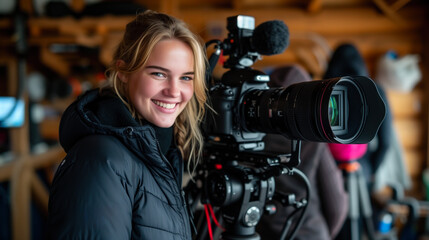 Smiling female videographer with professional camera gear ready for a shoot.