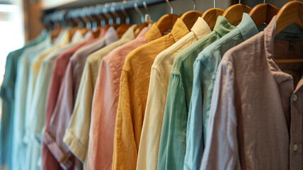 A palette of shirts in the wardrobe. Cotton shirts in calm colors