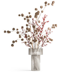 Bouquet of dried flowers with Thistle Ilex branches in a vase isolated on white background