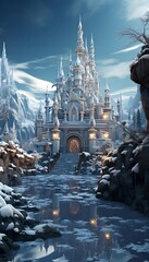 Fantasy landscape with fantasy castle in winter. 3d illustration.