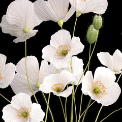  white Bouquets of wildflowers with poppy in a glass vase isolated on black background