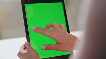 Hands working mockup touchscreen at office close up. Unknown woman swiping pad 