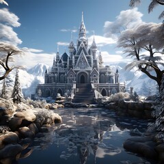 Fantasy landscape with a temple in the forest. 3d render