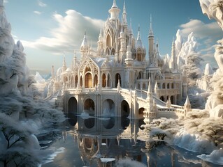 Beautiful panoramic fantasy landscape of a fantasy temple in the snow