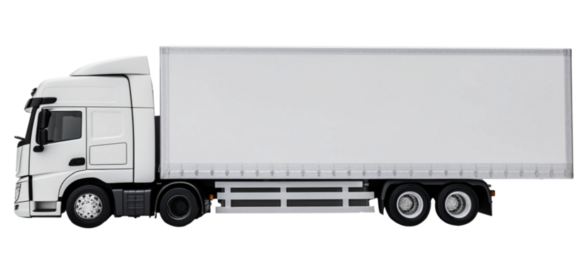 Side view of the delivery white truck on a transparent background