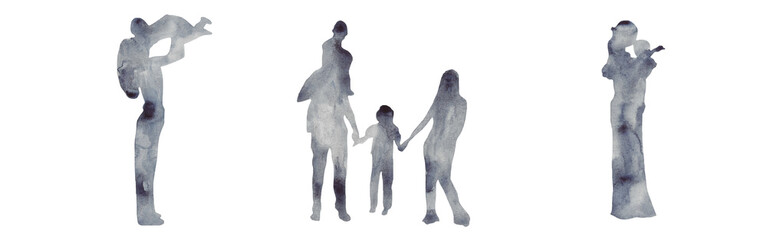 Obraz premium Watercolor border with silhouettes of people. Brush strokes in the form of blue silhouettes of people,Silhouette of family on white background.