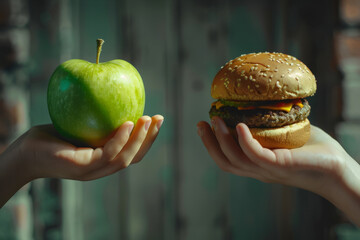 Hands with green apple and burger to choose from, healthy food vs unhealthy food side by side....