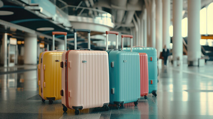 Suitcases with luggage stand in the airport hall.