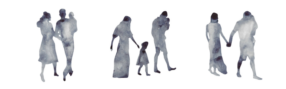 Watercolor border with silhouettes of people. Brush strokes in the form of blue silhouettes of people,Silhouette of family on white background.