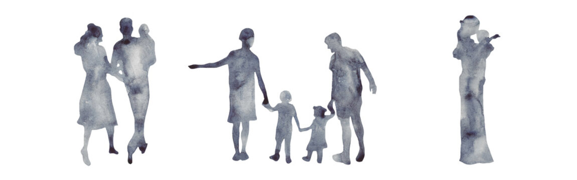 Watercolor border with silhouettes of people. Brush strokes in the form of blue silhouettes of people,Silhouette of family on white background.