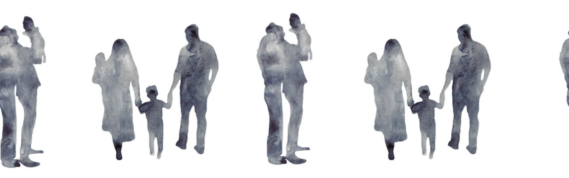 Watercolor border with silhouettes of people. Brush strokes in the form of blue silhouettes of people,Silhouette of family on white background.