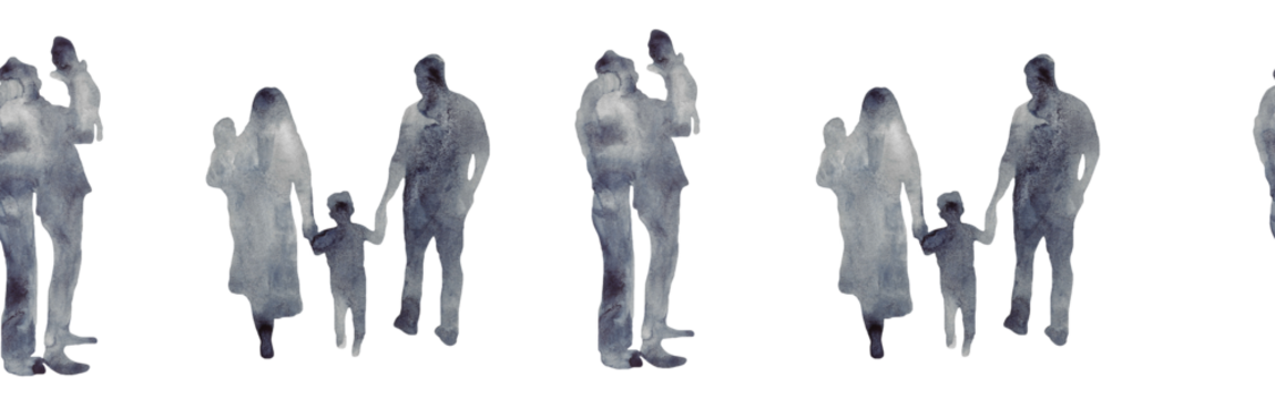 Watercolor border with silhouettes of people. Brush strokes in the form of blue silhouettes of people,Silhouette of family on white background.