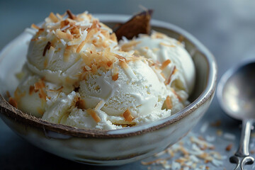Layers of creamy coconut ice cream topped with toasted coconut flakes, tropical bliss.