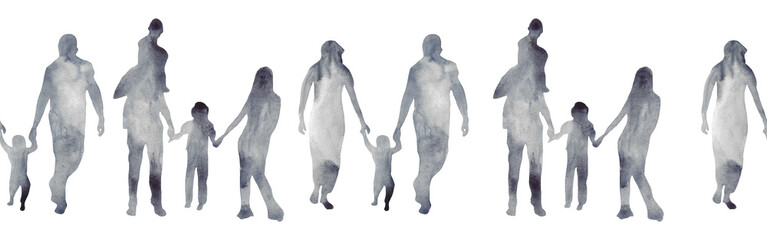 Watercolor border with silhouettes of people. Brush strokes in the form of blue silhouettes of people,Silhouette of family on white background.