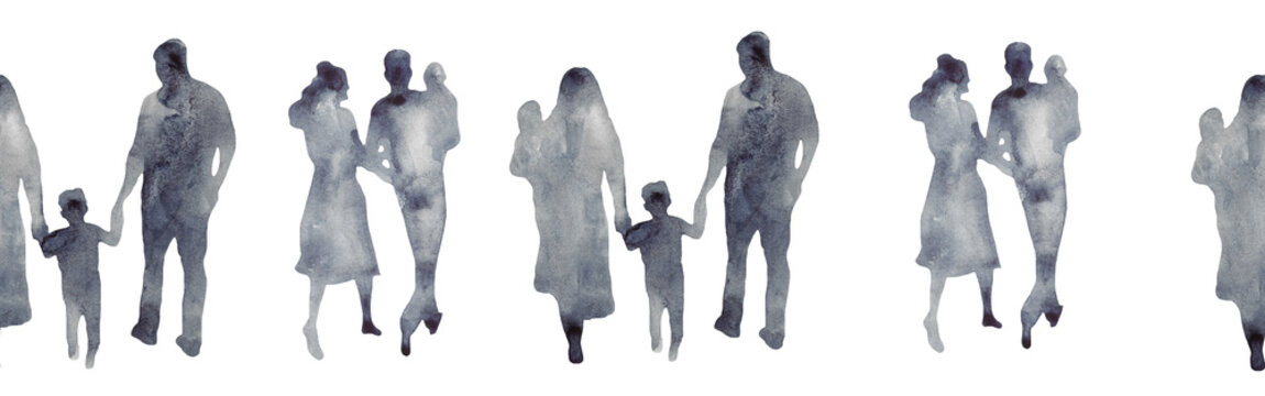 Watercolor border with silhouettes of people. Brush strokes in the form of blue silhouettes of people,Silhouette of family on white background.
