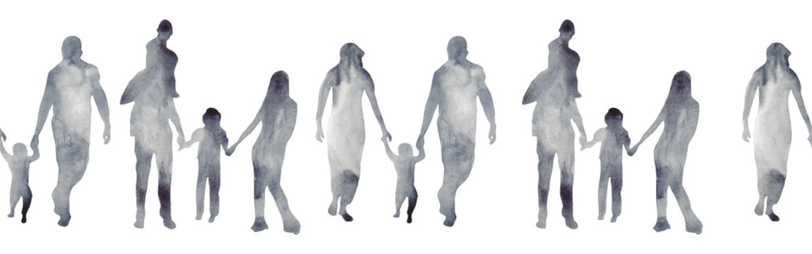 Watercolor border with silhouettes of people. Brush strokes in the form of blue silhouettes of people,Silhouette of family on white background.
