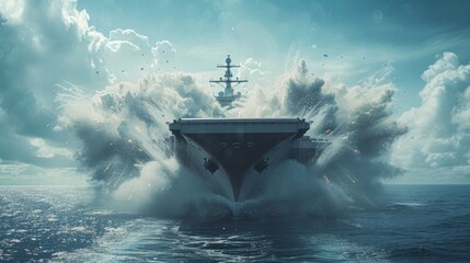 Cataclysmic Chaos: Navy Aircraft Carrier Engulfed - obrazy, fototapety, plakaty