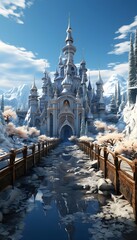 Fantasy landscape with fantasy castle and lake. 3D illustration.