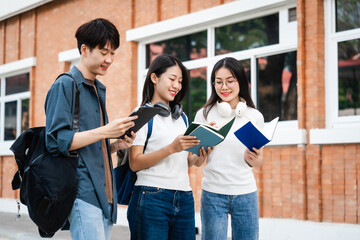 Diverse group of young adults from Asia and beyond, enjoying university life together. happy, learning, and making lifelong friendships, whether in outside class, sunny summer days or cozy weekends