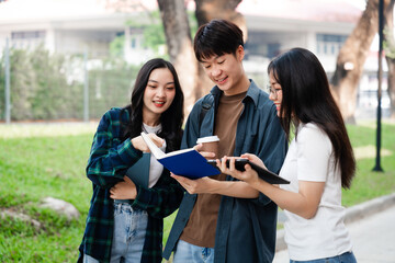 Diverse group of young adults from Asia and beyond, enjoying university life together. happy, learning, and making lifelong friendships, whether in outside class, sunny summer days or cozy weekends