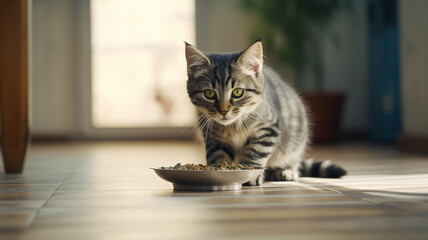 curious tabby kitten gazes pensively beside a spilled bowl of kibble on a sunlit floor, encapsulating the playful innocence and charm of young pets.