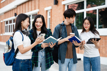 Diverse group of young adults from Asia and beyond, enjoying university life together. happy, learning, and making lifelong friendships, whether in outside class, sunny summer days or cozy weekends
