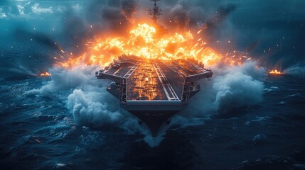 Epic Destruction: Massive Explosion on Naval Vessel - obrazy, fototapety, plakaty
