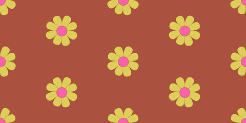 Vector seamless children's pattern with chamomile flowers on a brown background. Children's pattern for printing on fabric and paper