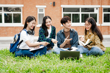 Diverse group of young adults from Asia and beyond, enjoying university life together. happy, learning, and making lifelong friendships, whether in outside class, sunny summer days or cozy weekends