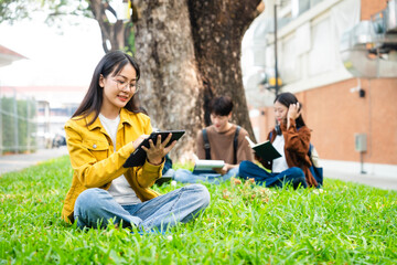 Diverse group of young adults from Asia and beyond, enjoying university life together. happy,...