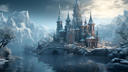 Fantasy landscape with castle and bridge over the river. 3d illustration - obrazy, fototapety, plakaty