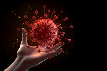 Human hand pointing to red virus on dark background - obrazy, fototapety, plakaty