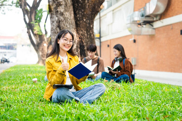 Diverse group of young adults from Asia and beyond, enjoying university life together. happy,...