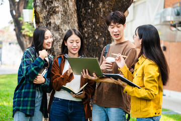 Diverse group of young adults from Asia and beyond, enjoying university life together. happy, learning, and making lifelong friendships, whether in outside class, sunny summer days or cozy weekends