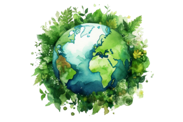 Green planet Earth with nature in a watercolour style isolated on a transparent background