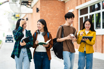 Diverse group of young adults from Asia and beyond, enjoying university life together. happy, learning, and making lifelong friendships, whether in outside class, sunny summer days or cozy weekends - obrazy, fototapety, plakaty