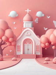 A school building and its welcoming entrance, rendered in soft pastel shades within a minimalist design, symbolizing the gateway to knowledge and the beginning of daily learning adventures